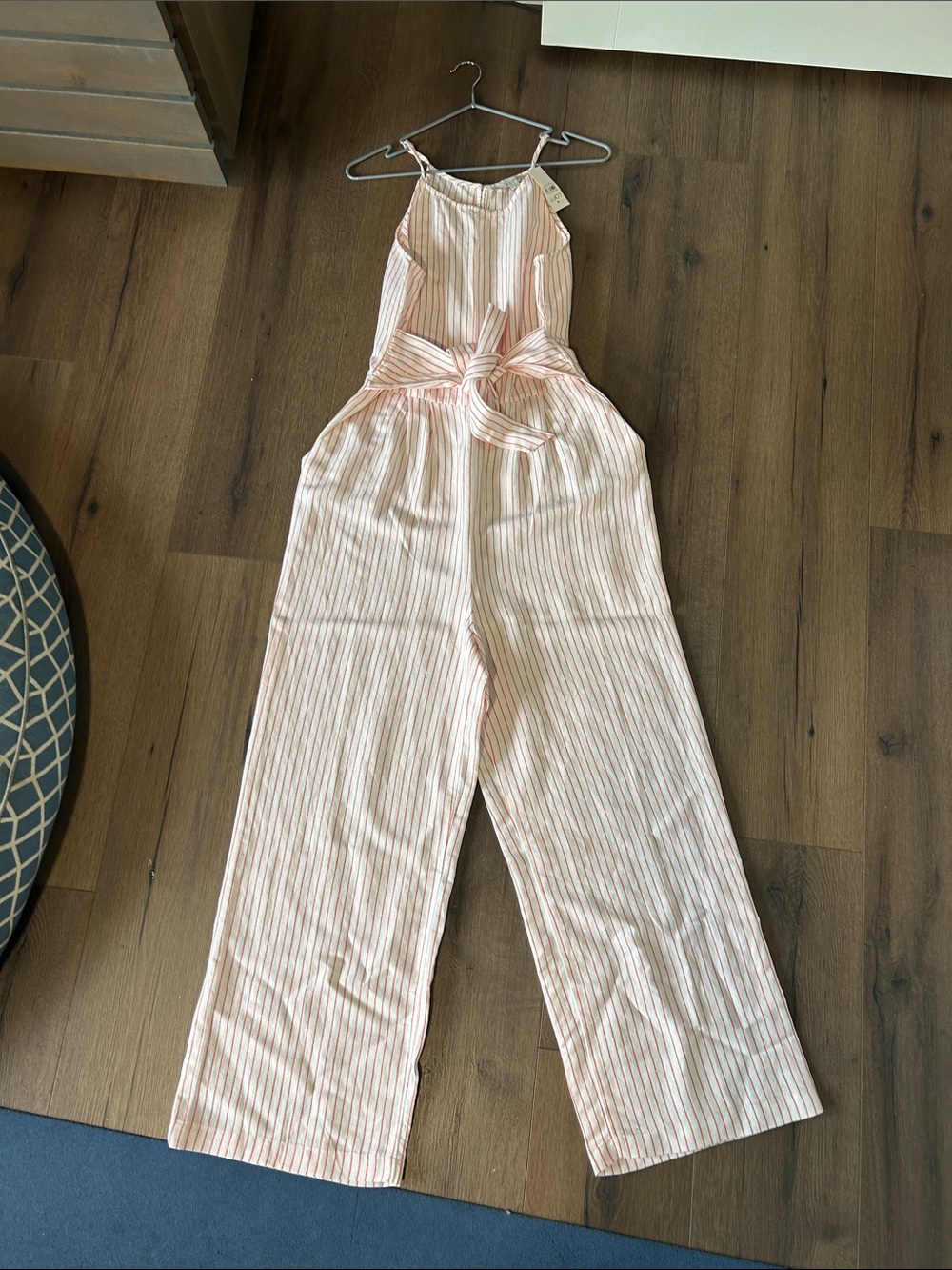 LOFT Pink & White Striped Tie-Waist Romper with pockets